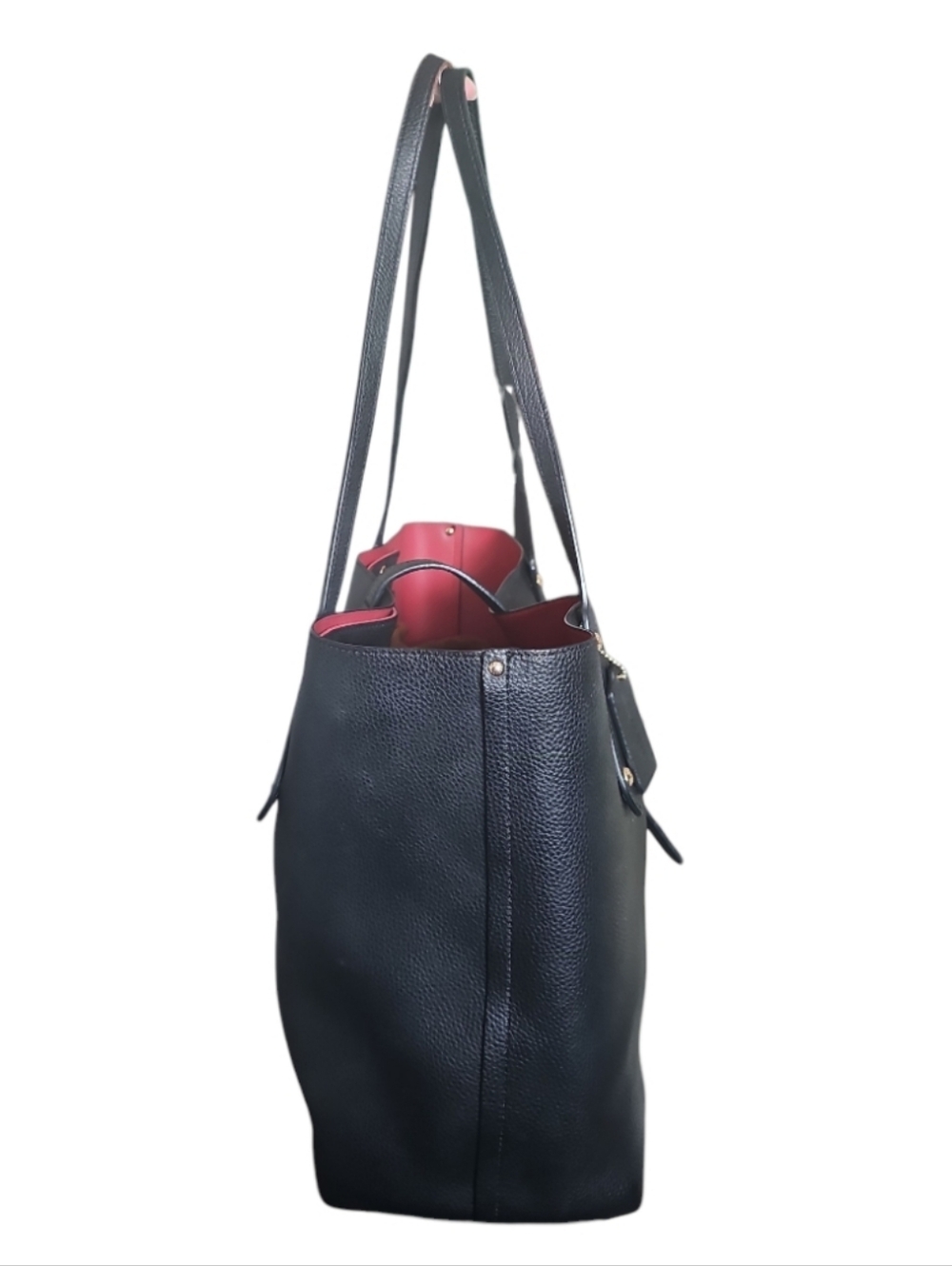 Coach Black Pebbled Leather Market Tote Red Interior Shoulder Bag Large - Picture 2 of 15